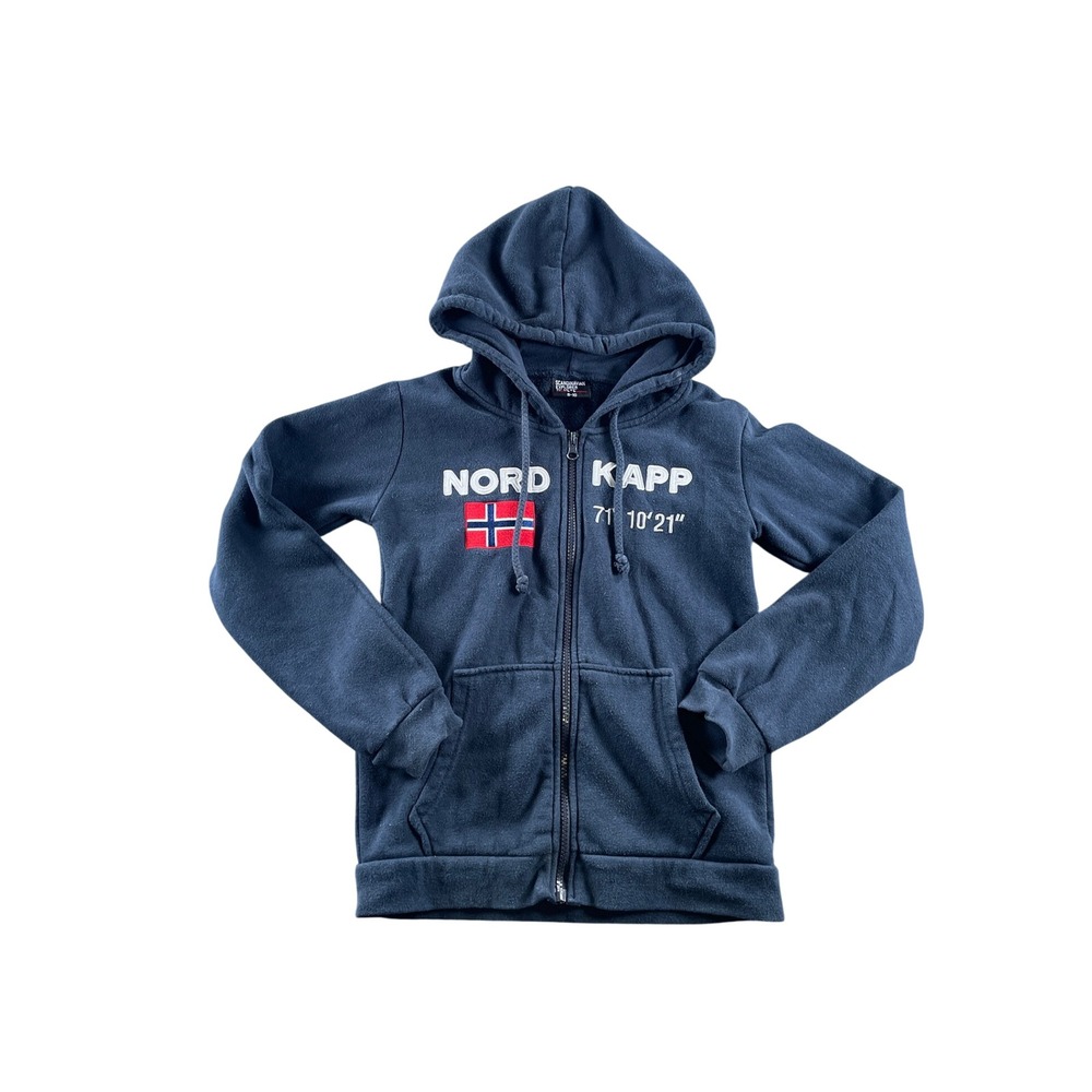 Scandinavian Explorer Nord Kapp Norway Zip Up Hoodie Navy Blue Kids Size 8-10